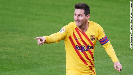 Messi celebrates after he scores his team&#39;s second goal.
