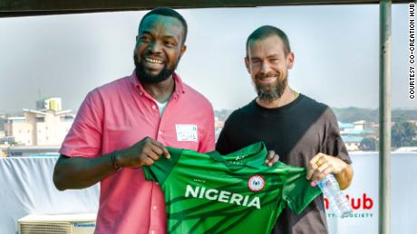 Co-Creation Hub founder Bosun Tijani with Twitter CEO Jack Dorsey, during Dorsey&#39;s visit to Lagos, Nigeria in 2019.