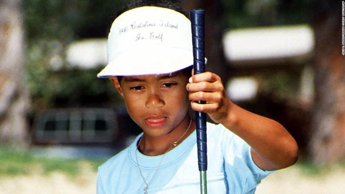 Six-year-old Eldrick &#39;Tiger&#39; Woods sizes up a putt at Los Alamitos Country Club in Los Alamitos in 1982.