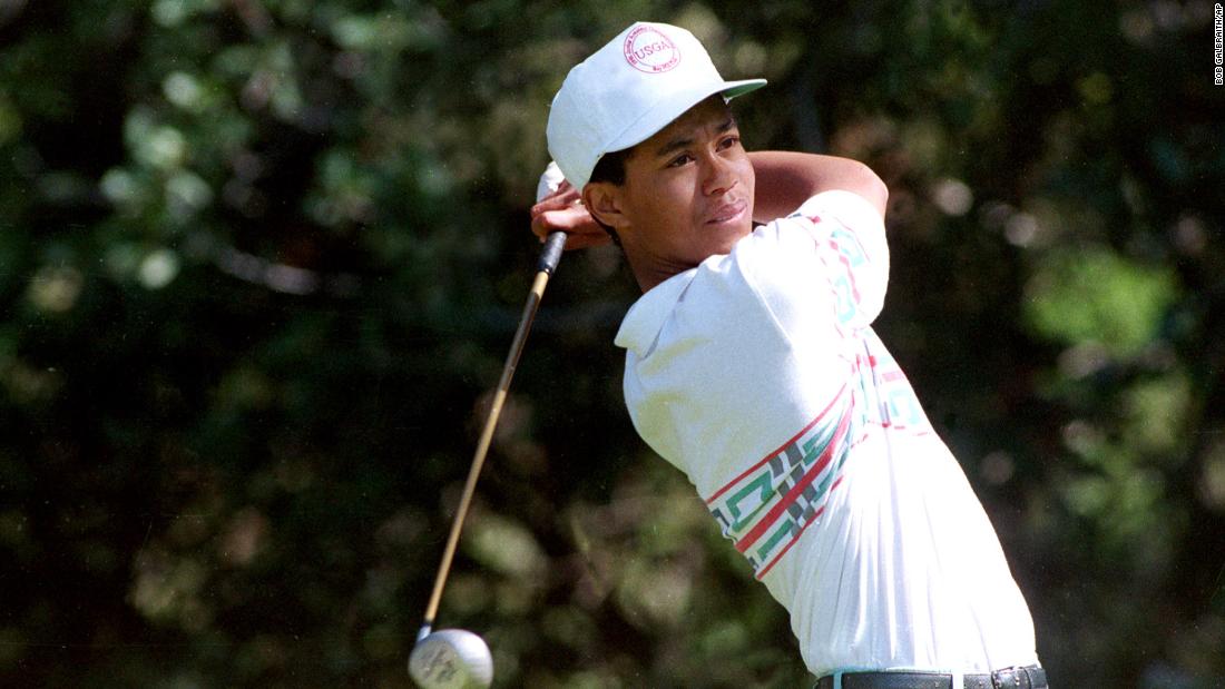 In 1992, amateur Woods tees off at the 12th hole during the Pro-Am for the Los Angeles Open. Woods made his PGA Tour debut at Riviera when he was a 16-year-old junior in high school.