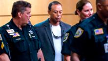 Woods (C) appears in Palm Beach County court October 27, 2017 in Palm Beach Gardens, Florida. He later pled guilty to a second-degree misdemeanor reckless driving charge.