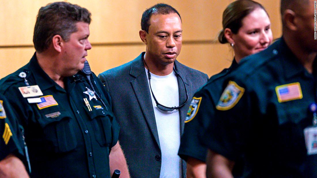 Woods appears in Palm Beach County court after pleading guilty to a second-degree misdemeanor reckless driving charge.