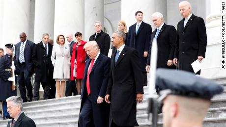 Former President of the United States Barack Obama and United States President Donald Trump walk down the east front steps of the Capitol Building after Trump is sworn in at the 58th Presidential Inauguration on Capitol Hill in Washington, D.C. on January 20, 2017.