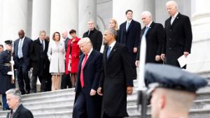 Former President of the United States Barack Obama and United States President Donald Trump walk down the east front steps of the Capitol Building after Trump is sworn in at the 58th Presidential Inauguration on Capitol Hill in Washington, D.C. on January 20, 2017. 