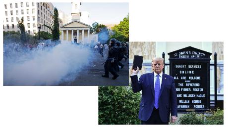 Left: Police officers push back demonstrators and shoot tear gas next to St. John&#39;s Episcopal Church outside of the White House on June 1, 2020. (Jose Luis Magana/AFP/Getty Images) Right: President Donald Trump holds up a Bible outside the church, minutes later. (Brendan Smialowski/AFP/Getty Images)