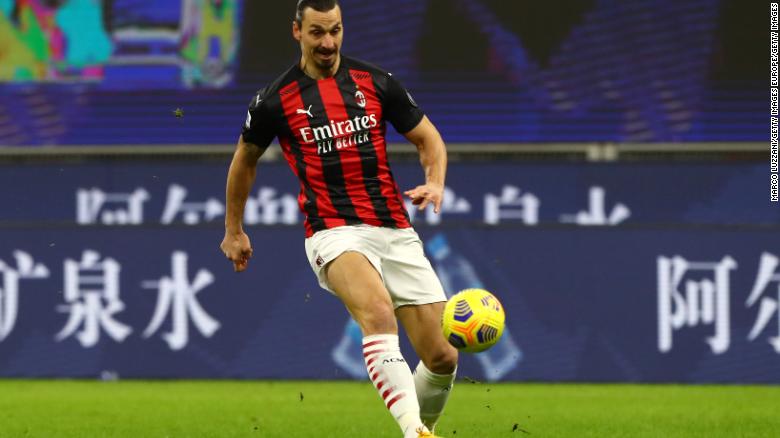 Zlatan Ibrahimovic of A.C. Milan passes the ball during the Serie A match between AC Milan and Torino FC at Stadio Giuseppe Meazza on January 09, 2021 in Milan, Italy. Sporting stadiums around Italy remain under strict restrictions due to the Coronavirus Pandemic as Government social distancing laws prohibit fans inside venues resulting in games being played behind closed doors. 