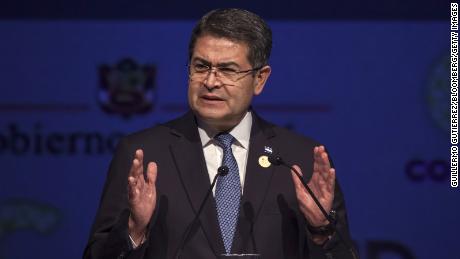 Juan Orlando Hernandez, Honduras&#39;s president, speaks during the CEO Summit of the Americas in Lima, Peru, in April 2018. 