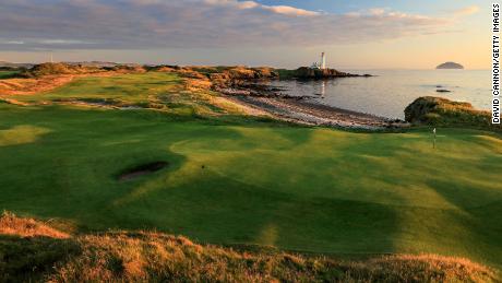 A view from behind the green on the par 5, 10th hole on the Ailsa Course at the Trump Turnberry Resort.