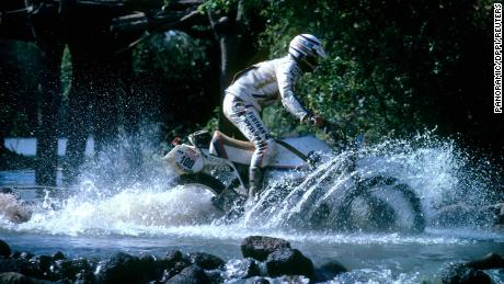 Auriol on his motorbike during the Dakar Rally in 1981. 