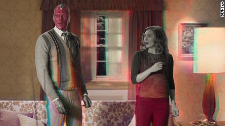 (From left) Paul Bettany and Elizabeth Olsen are shown in a scene from &quot;WandaVision.&quot;