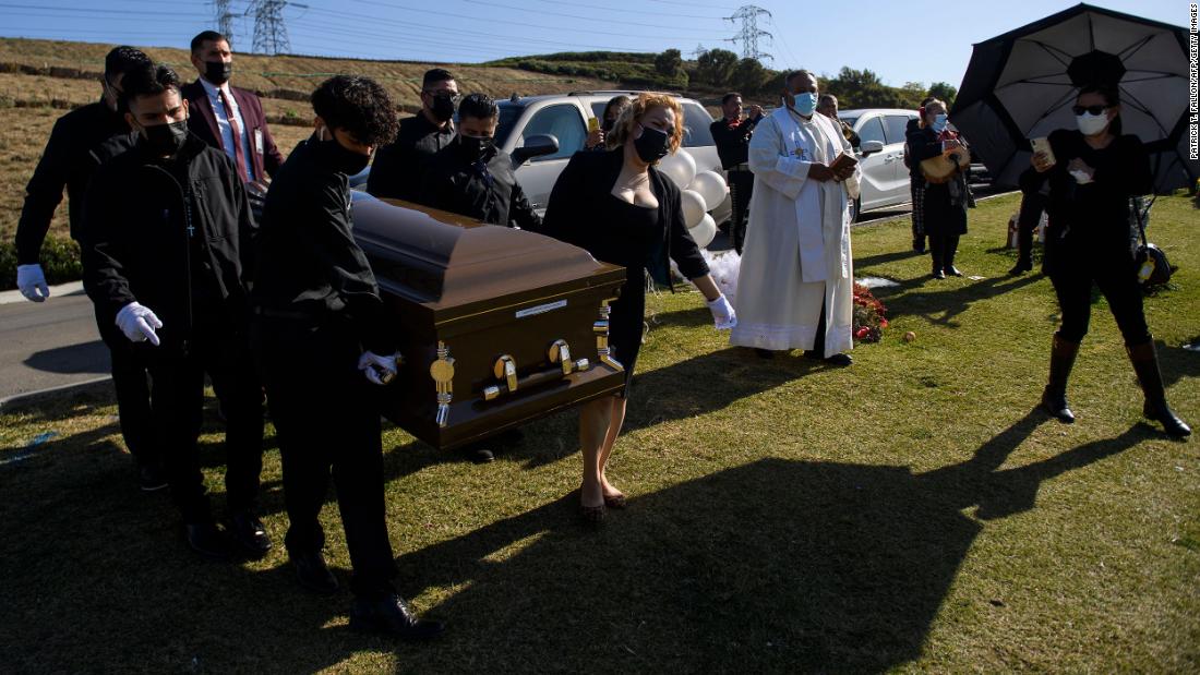 Pallbearers carry the casket of Gilberto Arreguin Camacho during his burial service in Whittier, California, on December 31. Camacho, 58, died because of Covid-19.