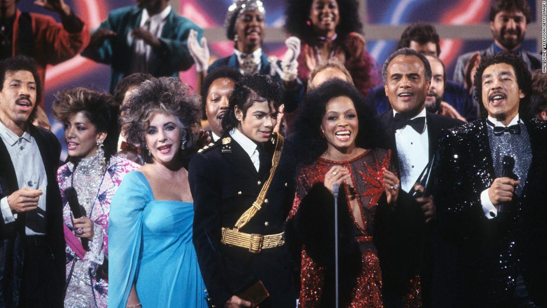 Belafonte, second from right, appears with other superstars at the American Music Awards in 1986. Belafonte helped organize the making of the hit single &quot;We Are the World,&quot; which brought together leading artists such as Michael Jackson, Lionel Richie and Diana Ross to help raise money for Africa famine relief.