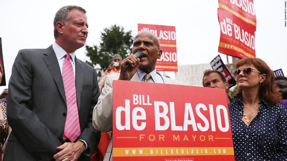 Belafonte speaks at a rally in New York calling for quality health care in 2013. Next to him is then-mayoral candidate Bill de Blasio and actress Susan Sarandon.