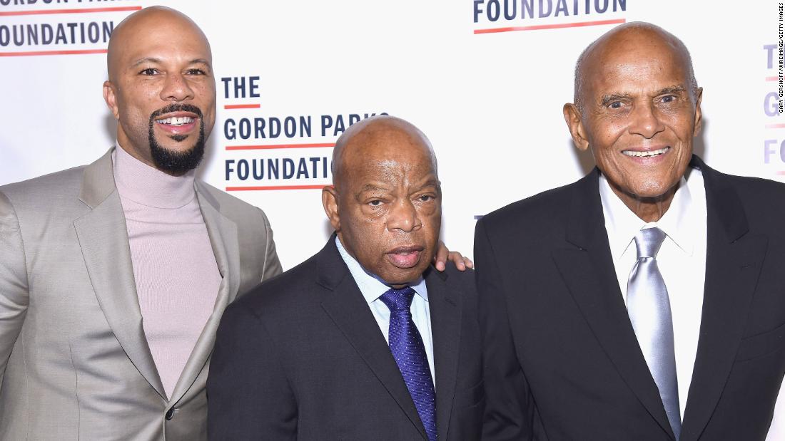 From left, rapper and actor Common, US Rep. John Lewis and Belafonte attend the Gordon Parks Foundation Awards gala in 2017.