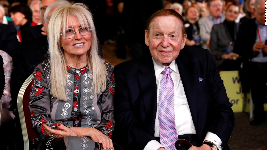 Adelson and his wife listen to Trump address the Republican Jewish Coalition in 2019.