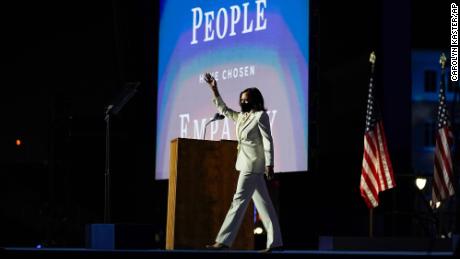 Vice President-elect Kamala Harris arrives to speaks Saturday, Nov. 7, 2020, in Wilmington, Del. (AP Photo/Carolyn Kaster)