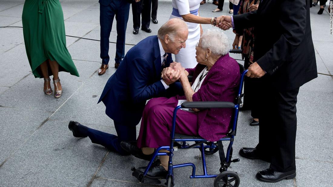 Biden &lt;a href=&quot;https://www.instagram.com/p/BKwLJycDmd2/?hl=en&quot; target=&quot;_blank&quot;&gt;greets Ruth Bonner&lt;/a&gt;, a 99-year-old daughter of a young slave who escaped to freedom, as he and his wife attend the September 2016 opening of the Smithsonian National Museum of African American History and Culture.