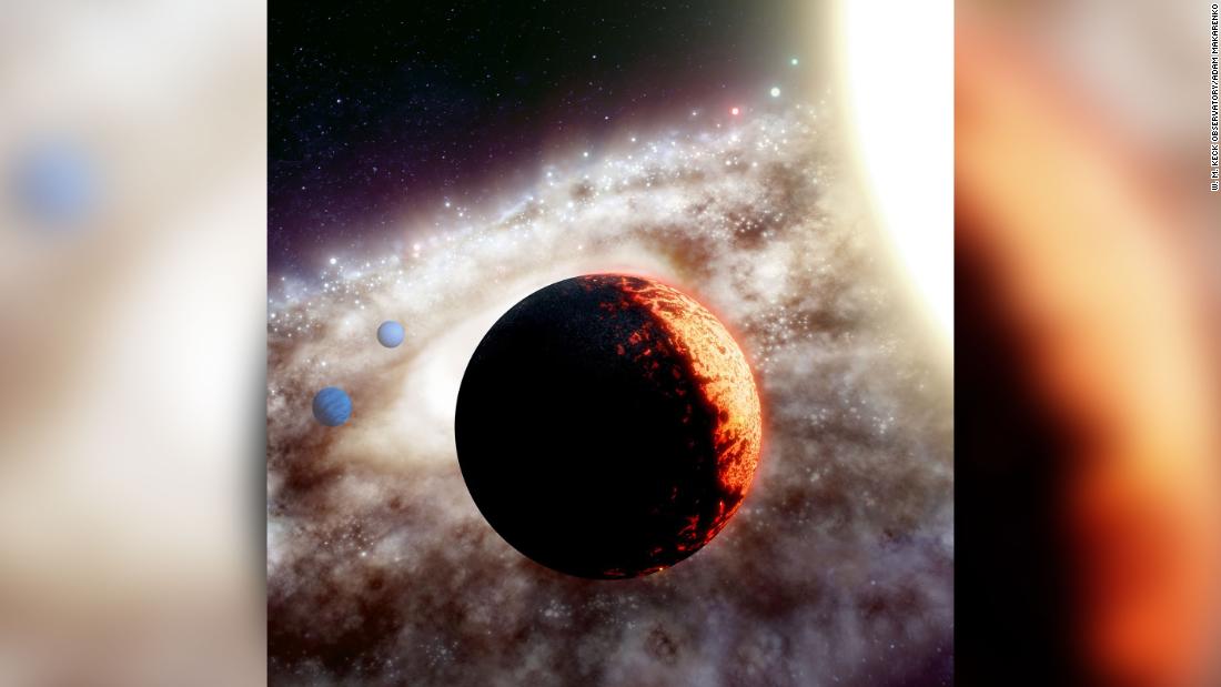 This artist&#39;s illustration shows TOI-561b, one of the oldest and most metal-poor planetary systems discovered yet in the Milky Way galaxy. Astronomers found a super-Earth and two other planets orbiting the star.