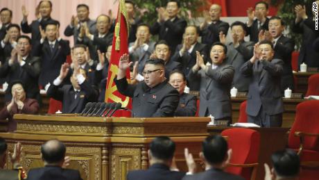 In this photo provided by the North Korean government, North Korean leader Kim Jong Un, center, is seen making his closing remarks at a ruling Party congress in Pyongyang on Tuesday.