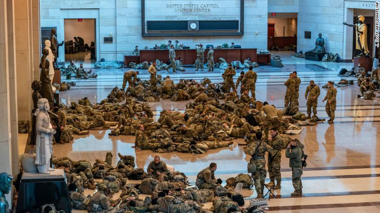 Hundreds of National Guard troops are at the Capitol Visitor&#39;s Center to reinforce security at the Capitol this week.
