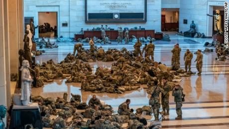 Hundreds of National Guard troops are in the Capitol Visitor Center to step up security at the Capitol this week.