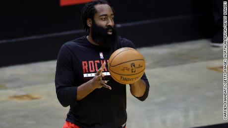 Harden warms up before facing the LA Lakers at the Toyota Center.