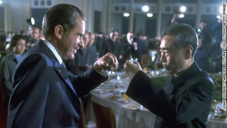 President Richard Nixon toasting Chinese Premier Zhou Enlai at banquet in China in 1972.