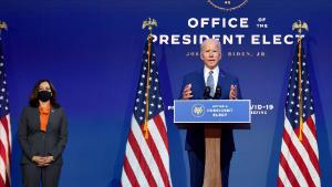 US President-elect Joe Biden delivers remarks as US Vice President-elect Kamala Harris listens at The Queen in Wilmington, Delaware, on November 9, 2020. - President Donald Trump was still refusing to concede his election loss November 9, 2020, but Democrat Joe Biden plowed ahead anyway with the first meeting of a parallel coronavirus task force, initiating an awkward and potentially volatile transition period. (Photo by Angela Weiss / AFP) (Photo by ANGELA WEISS/AFP via Getty Images)