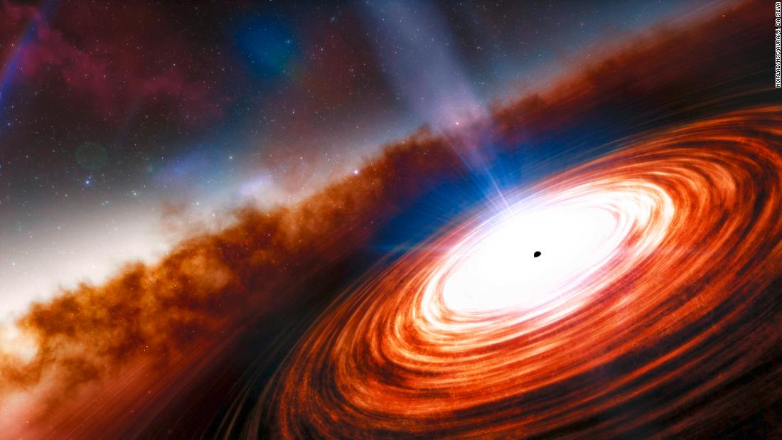 This artist&#39;s conception of quasar J0313-1806 depicts it as it was 670 million years after the Big Bang. Quasars are highly energetic objects at the centers of galaxies, powered by black holes and brighter than entire galaxies. 
