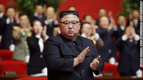 Kim Jong Un claps his hands at the Workers&#39; Party Congress on Sunday, January 10.