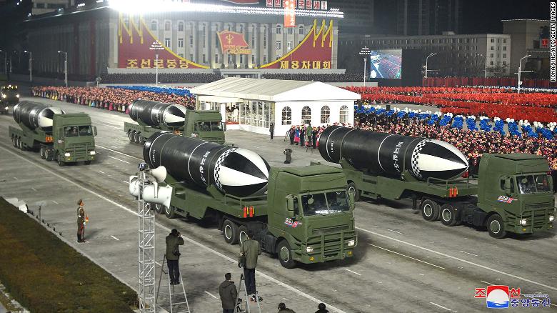 Weapons that appear to be submarine-launched ballistic missiles are shown during a military parade celebrating the 8th Congress of the Workers&#39; Party of Korea in Pyongyang on January 14, 2021.