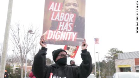 Rita Blalock striking with workers in Durham, NC on January 15, 2021.