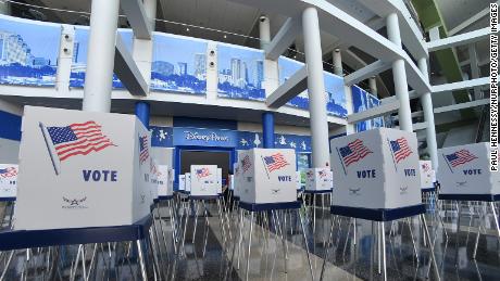 Voting booths are installed at the Amway Center in Orlando, Florida.