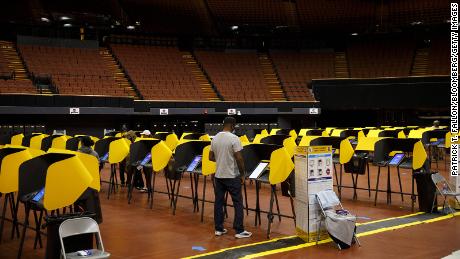 Voters cast their ballot at the Forum Arena in Inglewood, California.