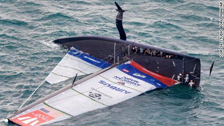 American Magic capsizes during its race against Italy&#39;s Luna Rossa on the third day of racing of the America&#39;s Cup challenger series on Auckland&#39;s Waitemate Harbour, New Zealand.