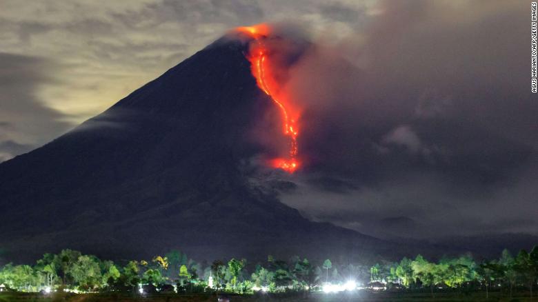 In this picture taken on January 16, 2021, lava is seen during an eruption of Mount Semeru in Lumajang, East Java. 