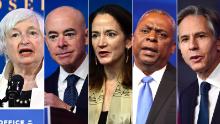 Left to right: Janet Yellen, Alejandro Mayorkas, Avril Haines, Lloyd Austin, and Antony Blinken