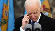 US President-Elect wipes his eye as he speaks at Major Joseph R. &quot;Beau&quot; Biden III National Guard /Reserve Center in New Castle Airport on January 19, 2021, in New Castle, Delaware, before departing for Washington, DC. (Photo by JIM WATSON / AFP) (Photo by JIM WATSON/AFP via Getty Images)