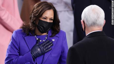 WASHINGTON, DC - JANUARY 20: U.S. Vice President-elect Kamala Harris greets Vice President Mike Pence as she arrives to the inauguration of U.S. President-elect Joe Biden on the West Front of the U.S. Capitol on January 20, 2021 in Washington, DC.  During today&#39;s inauguration ceremony Joe Biden becomes the 46th president of the United States. (Photo by Alex Wong/Getty Images)