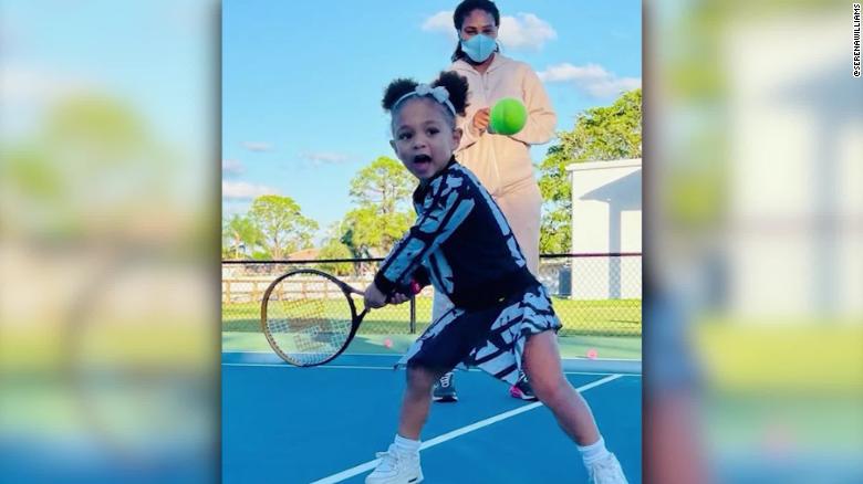 Serena Williams' daughter joins her on the tennis court