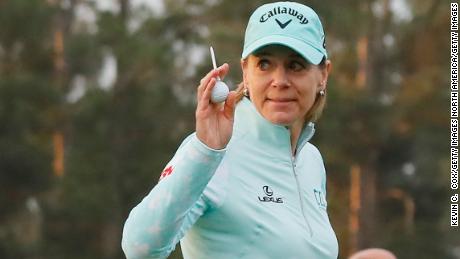 AUGUSTA, GEORGIA - APRIL 06:  Annika Sorenstam of Sweden takes part in the First Tee ceremony prior to the start of the final round of the Augusta National Women&#39;s Amateur at Augusta National Golf Club on April 06, 2019 in Augusta, Georgia. (Photo by Kevin C.  Cox/Getty Images)