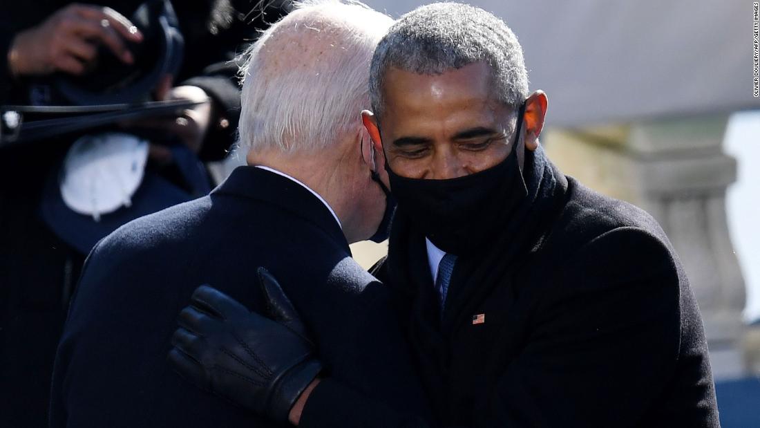 Former President Barack Obama congratulates Biden after the swearing-in. Biden was Obama&#39;s vice president for eight years.