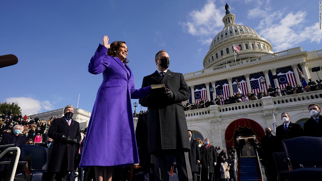 Harris is sworn in as vice president as her husband holds the Bible. Harris was sworn in by Supreme Court Justice Sonia Sotomayor. She wore the color purple &lt;a href=&quot;https://www.cnn.com/politics/live-news/biden-harris-inauguration-day-2021/h_ce6f777c3f47c0f7d262b4ae26c0d62f&quot; target=&quot;_blank&quot;&gt;as a nod to Shirley Chisholm,&lt;/a&gt; the first African-American woman to run for president.