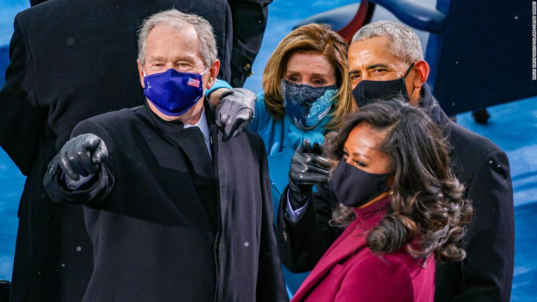 Former President George W. Bush, left, is joined at the inauguration by House Speaker Nancy Pelosi, former President Barack Obama and former first lady Michelle Obama.