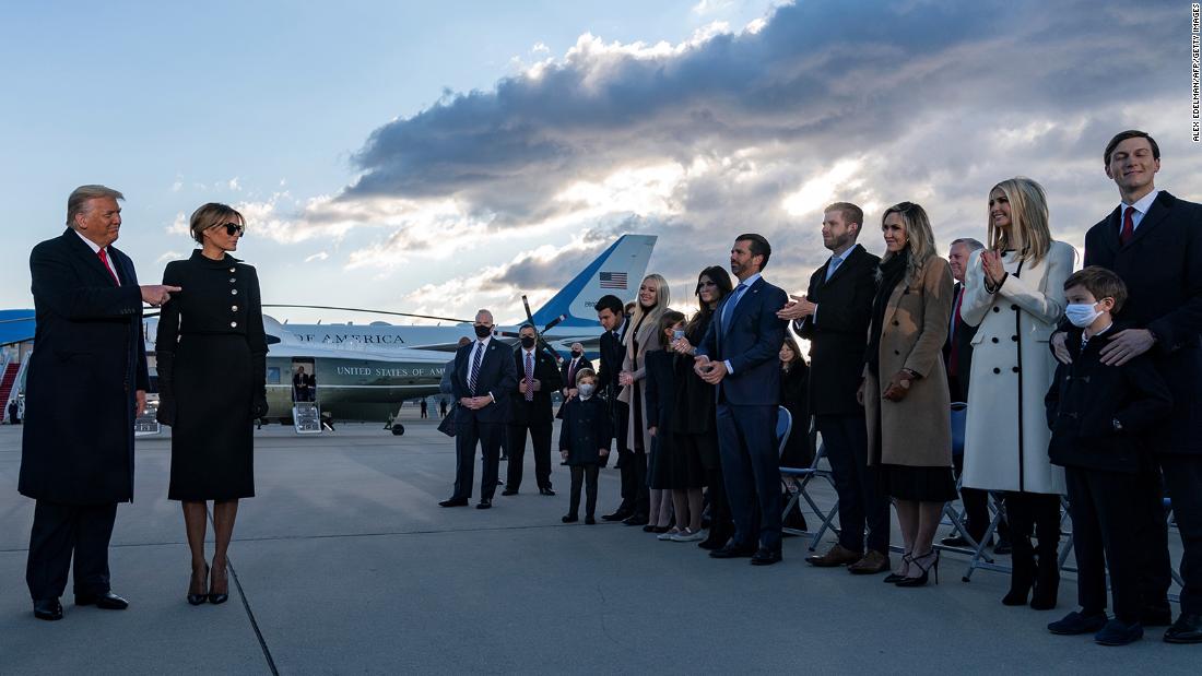 Trump acknowledges his children and other family members on the tarmac of Joint Base Andrews before heading to Florida and skipping &lt;a href=&quot;https://www.cnn.com/2021/01/19/politics/gallery/joe-biden-inauguration-photos/index.html&quot; target=&quot;_blank&quot;&gt;the inauguration of Joe Biden.&lt;/a&gt; &quot;I will always fight for you,&quot; &lt;a href=&quot;https://www.cnn.com/politics/live-news/biden-harris-inauguration-day-2021/h_c7d52b0352ef4bfed902fd3b12d8a24b&quot; target=&quot;_blank&quot;&gt;he said in front of a crowd of family and friends.&lt;/a&gt; &quot;I will be watching. I will be listening, and I will tell you that the future of this country has never been better. I wish the new administration great luck and great success. I think they&#39;ll have great success. They have the foundation to do something really spectacular.&quot;