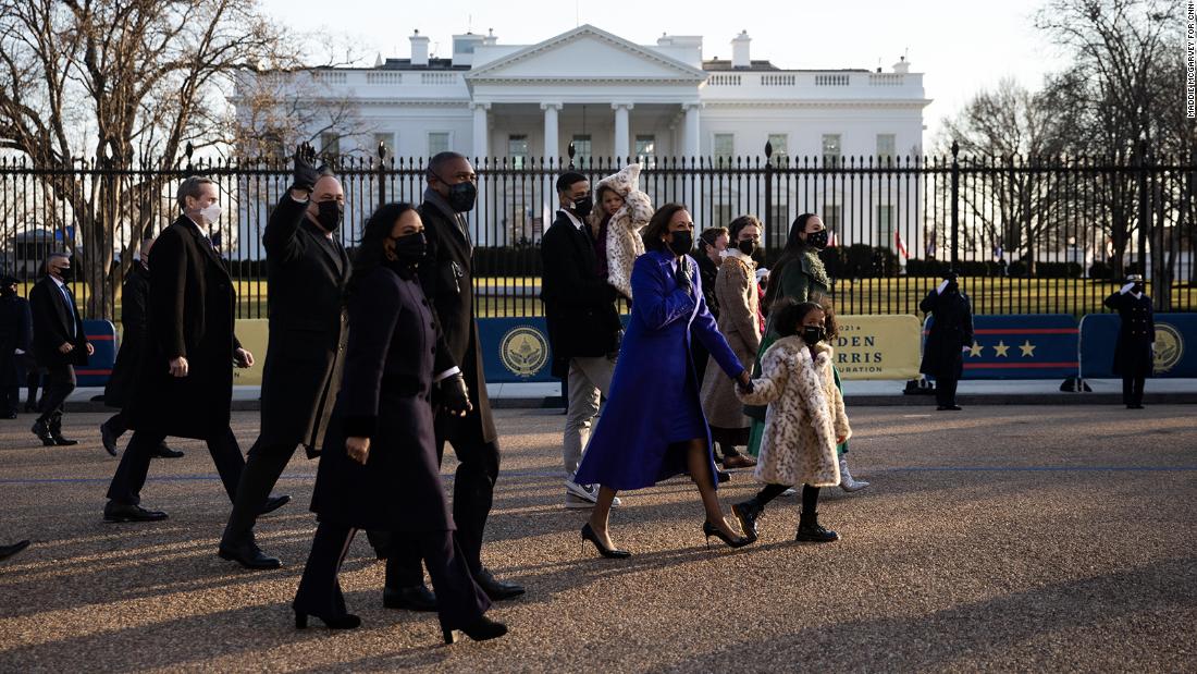 Vice President Kamala Harris &lt;a href=&quot;https://www.cnn.com/politics/live-news/biden-harris-inauguration-day-2021/h_5038a46c9c7d2b4bbca07ce4c1551f4c&quot; target=&quot;_blank&quot;&gt;walks with her family to the White House.&lt;/a&gt;