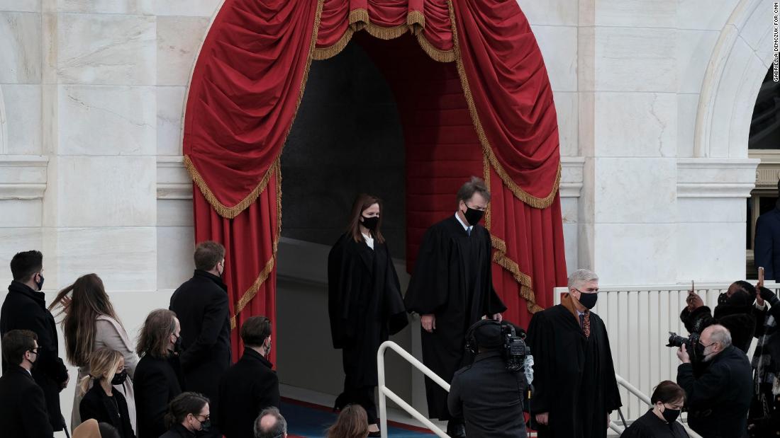 Supreme Court justices arrive for the swearing-in ceremony. Justices Samuel Alito, Clarence Thomas and Stephen Breyer &lt;a href=&quot;https://www.cnn.com/politics/live-news/biden-harris-inauguration-day-2021/h_c98047ce89b9376569ce57481aea1100&quot; target=&quot;_blank&quot;&gt;did not attend the inauguration&lt;/a&gt; because of the health risks posed by the pandemic. Alito, Thomas and Breyer are also the oldest members of the court.