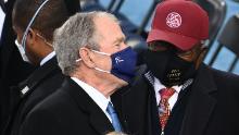 Former US President George W Bush (L), Jym Clyburn from South Carolina and Former US President Bill Clinton (R) speak ahead of the inauguration of Joe Biden as the 46th US President, on the West Front of the US Capitol in Washington, DC on January 20, 2021. (Photo by SAUL LOEB / POOL / AFP) (Photo by SAUL LOEB/POOL/AFP via Getty Images)