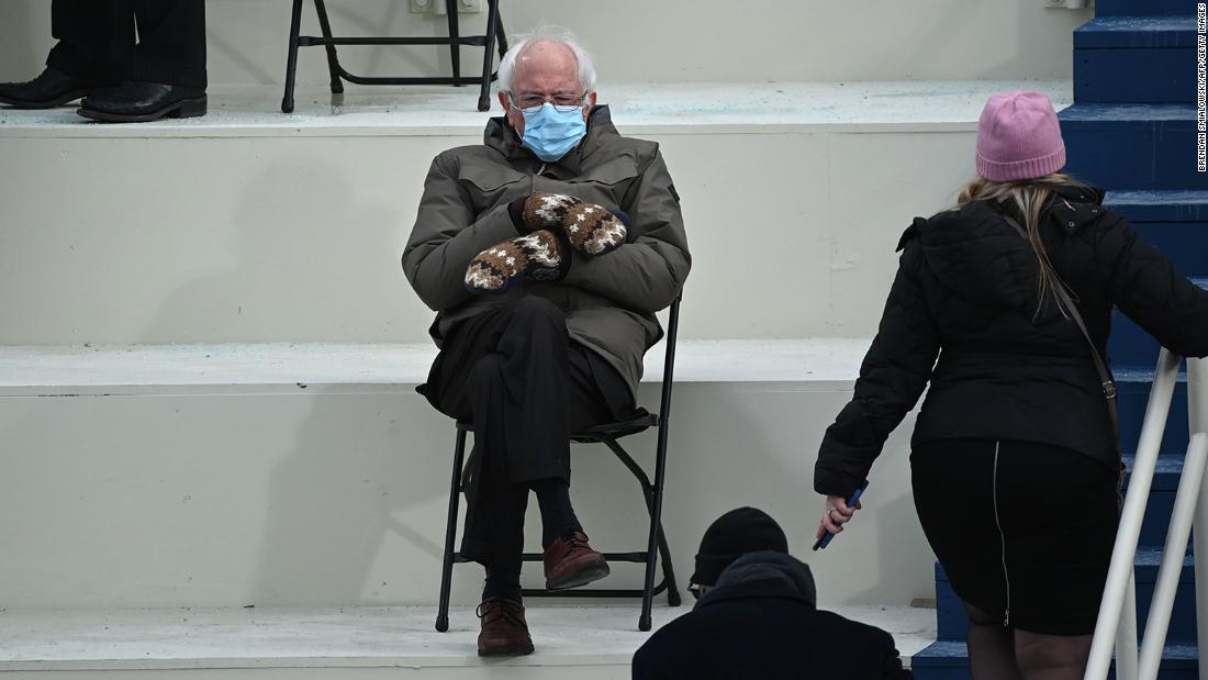 US Sen. Bernie Sanders sits in the Capitol bleachers while waiting for Biden to be sworn in. &lt;a href=&quot;https://www.cnn.com/2021/01/21/us/inauguration-bernie-sanders-memes-jokes-twitter-trnd/index.html&quot; target=&quot;_blank&quot;&gt;The photo quickly became a meme.&lt;/a&gt; Sanders ran for the Democratic nomination in 2016 and 2020.