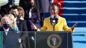 WASHINGTON, DC - JANUARY 20: Youth Poet Laureate Amanda Gorman speaks at the inauguration of U.S. President Joe Biden on the West Front of the U.S. Capitol on January 20, 2021 in Washington, DC. During today&#39;s inauguration ceremony Joe Biden becomes the 46th president of the United States. (Photo by Rob Carr/Getty Images)